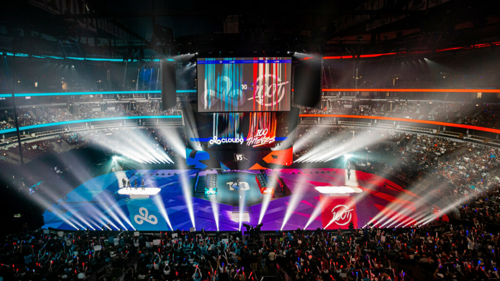 Image shows a scene from the LCS Summer Finals between Cloud9 and 100 Thieves in Chicago on September 11, 2022.