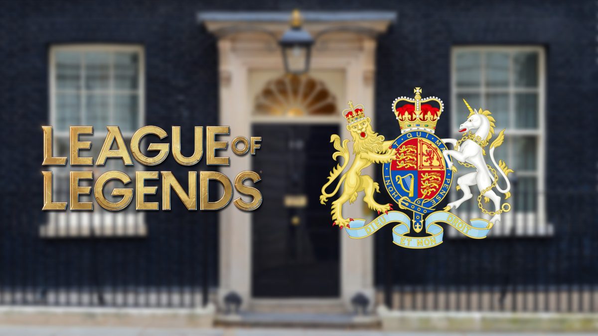 Image showing 10 Downing Street, the League of Legends logo, and the Royal Arms of the British Government