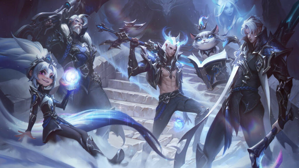 Image shows splash art for the Worlds 2021 EDward Gaming skins. The characters are colored in blacks and whites. From left to right, the characters included are Zoe, Graves, Viego, Yuumi and Aphelios.