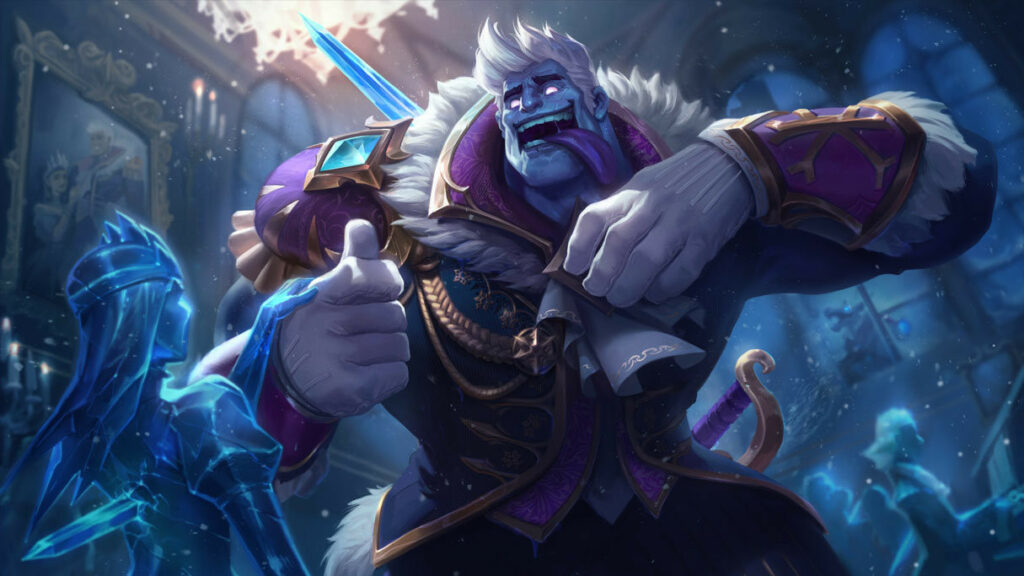 Image shows the splash art for the Frozen Prince Mundo skin. Dr Mundo is blue skinned and white haired and giving a thumbs up as a frozen woman stands near by