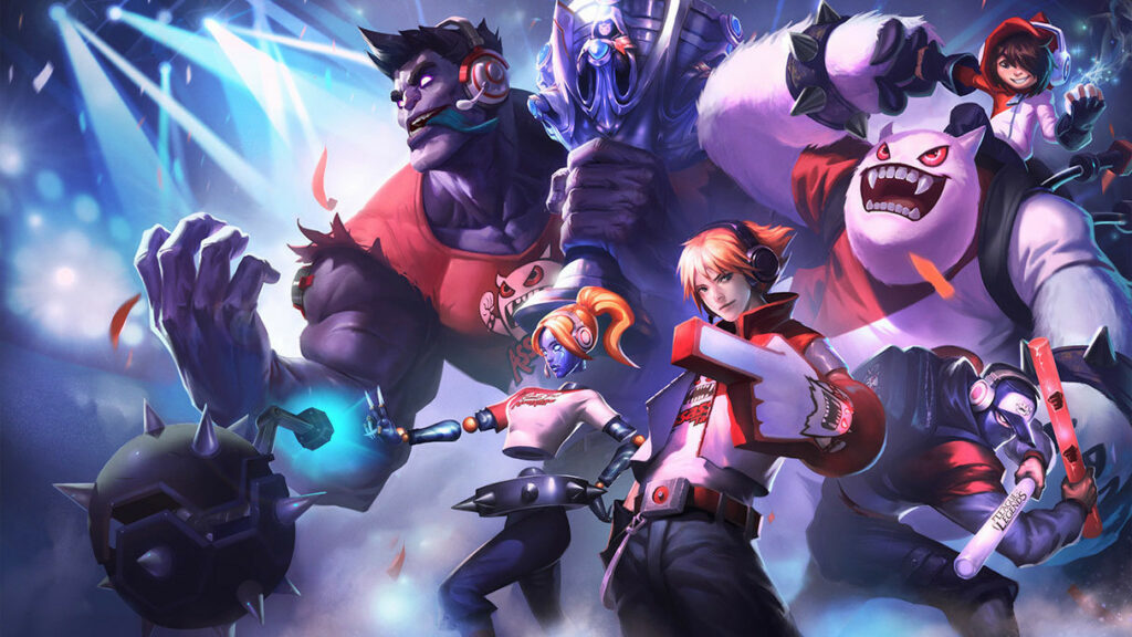 Image shows the splash art for the Worlds 2012 skins. From left to right - Dr. Mundo, Orianna, Ezreal, Nunu & Willump, Shen