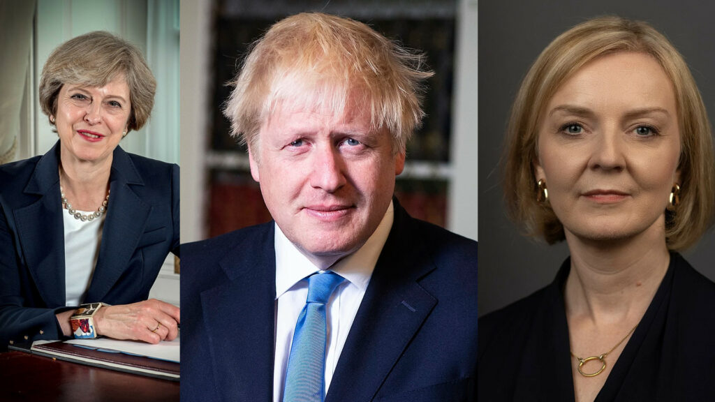 Images shows the last three UK Prime Ministers - Theresa May, Boris Johnson, and Liz Truss.