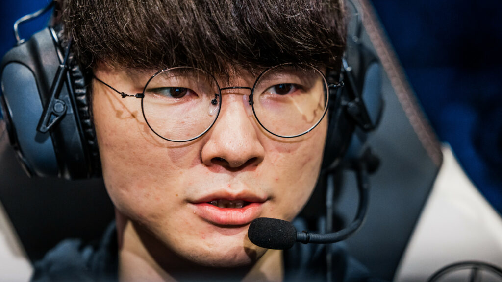A close-up image of League of Legends player Faker at Worlds 2022
