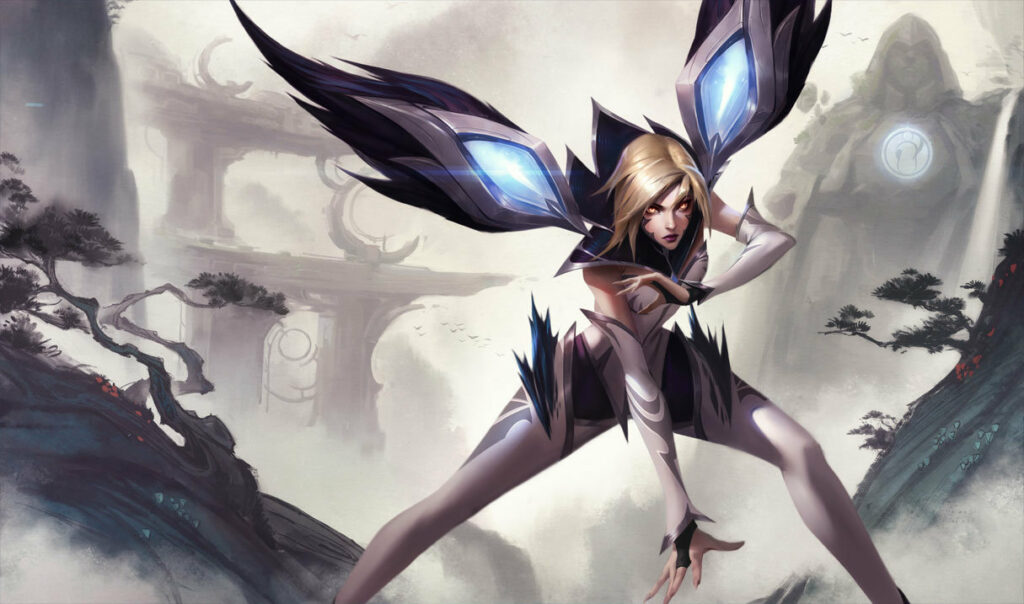 Image shows splash art of the League of Legends champion Kai'Sa in her Invictis Gaming skin. She wears a white skin-tight body suit and has blonde hair