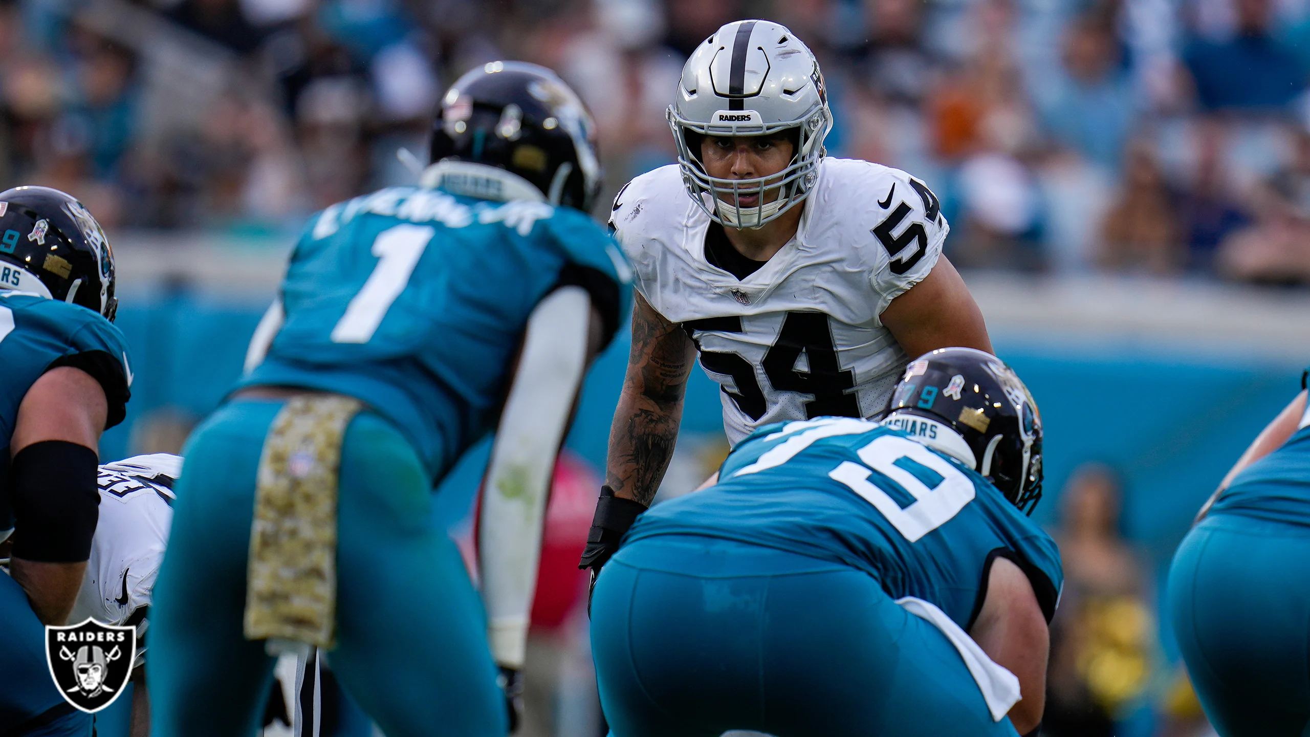 Blake Martinez appears in a game for the Las Vegas Raiders against the Jacksonville Jaguars. Martinez is wearing number 54