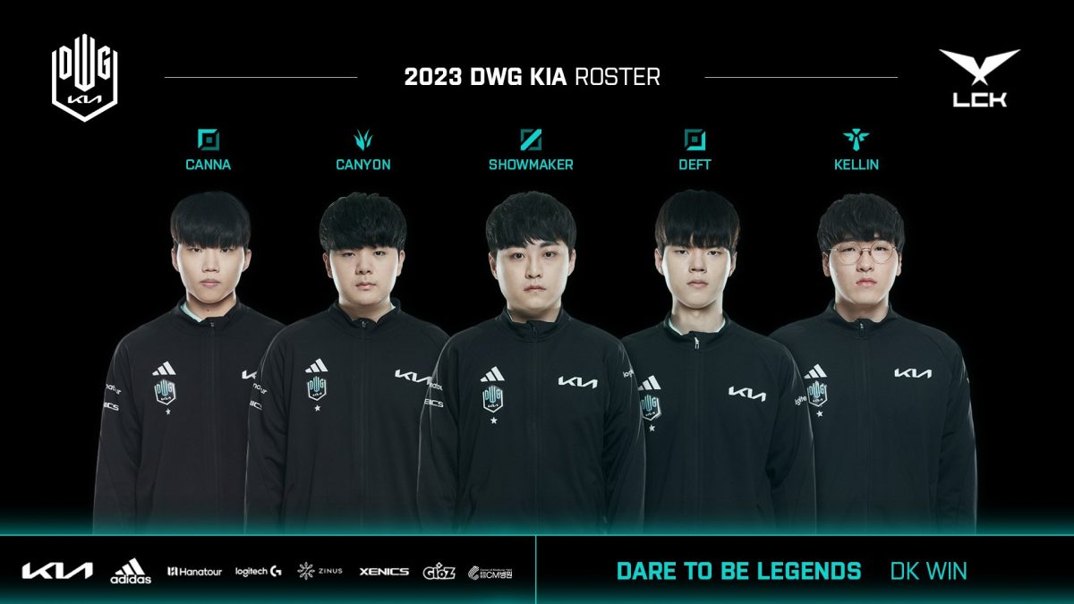 Graphic shows DWG KIA's roster for the 2023 LCK season. The players from left to right are Canna, Canyon, ShowMaker, Deft, and Kellin