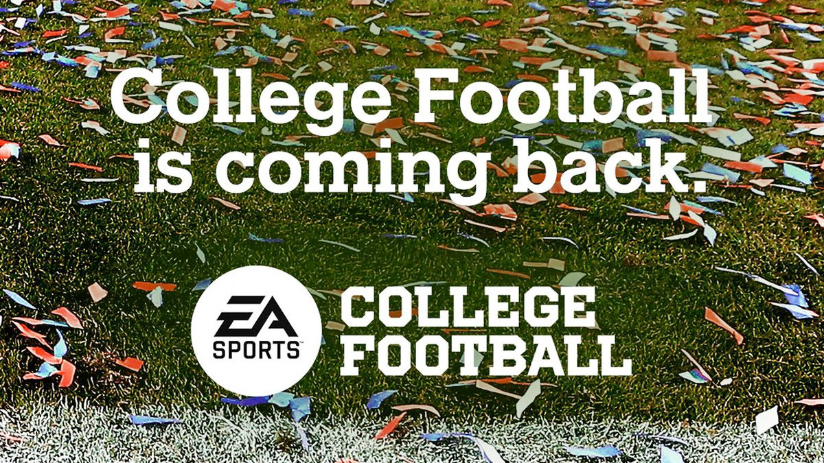 Image shows a sports field covered in confetti and the words "College Football is coming back. EA Sports College Football"