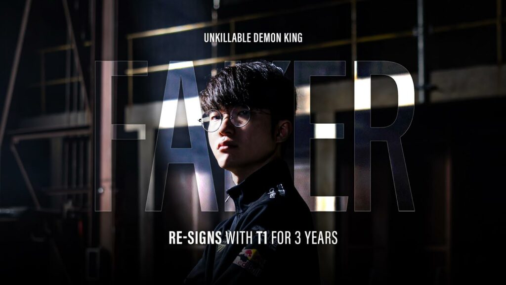 Image shows a picture of League of Legends player Faker. The word Faker is behind him. Other text on the image reads Unkillable Demon King Re-signs with T1 for 3 years