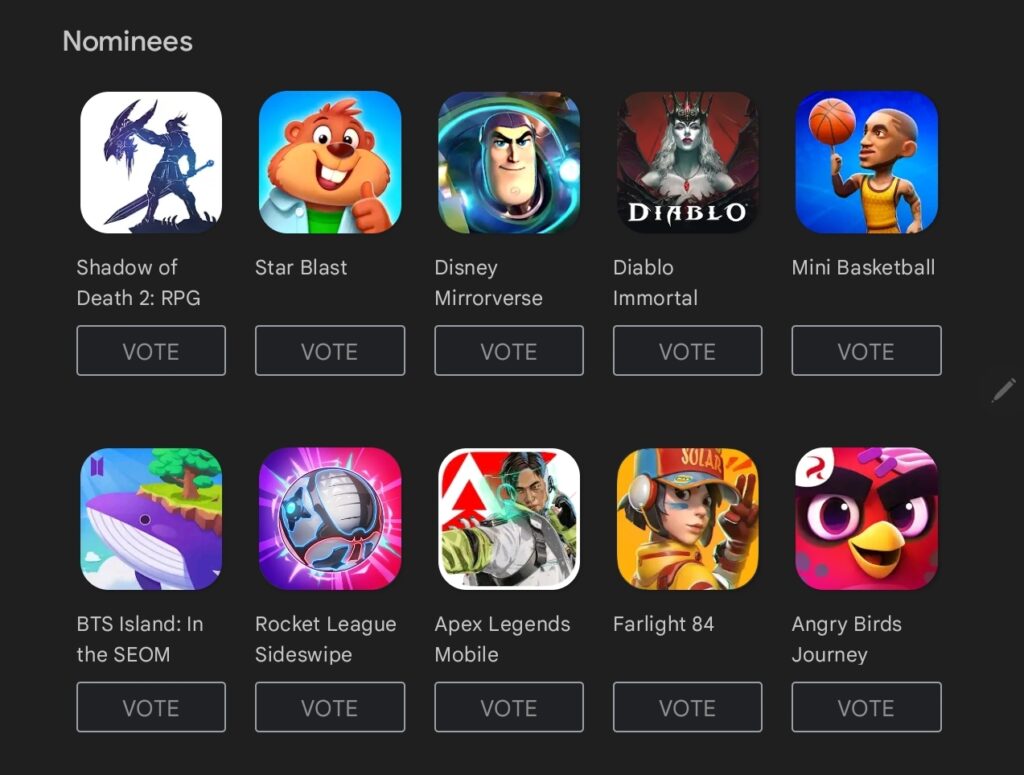 The 10 mobile games nominated for the Google Play Users' Choice award.