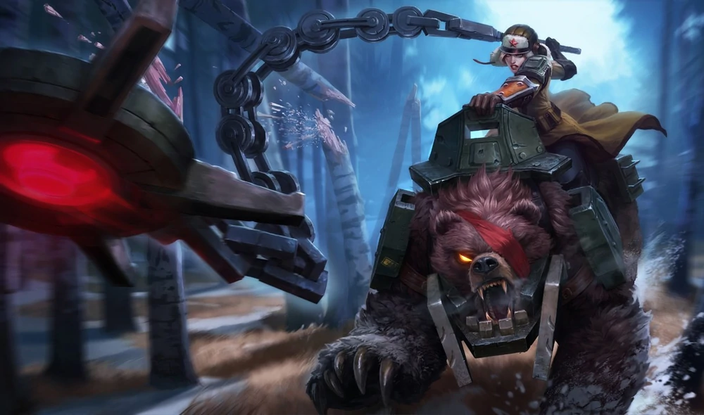Image shows the Bear Calvary skin for League of Legends character Sejauni. The character is dressed in stereotpyically Russian garb and riding a bear.