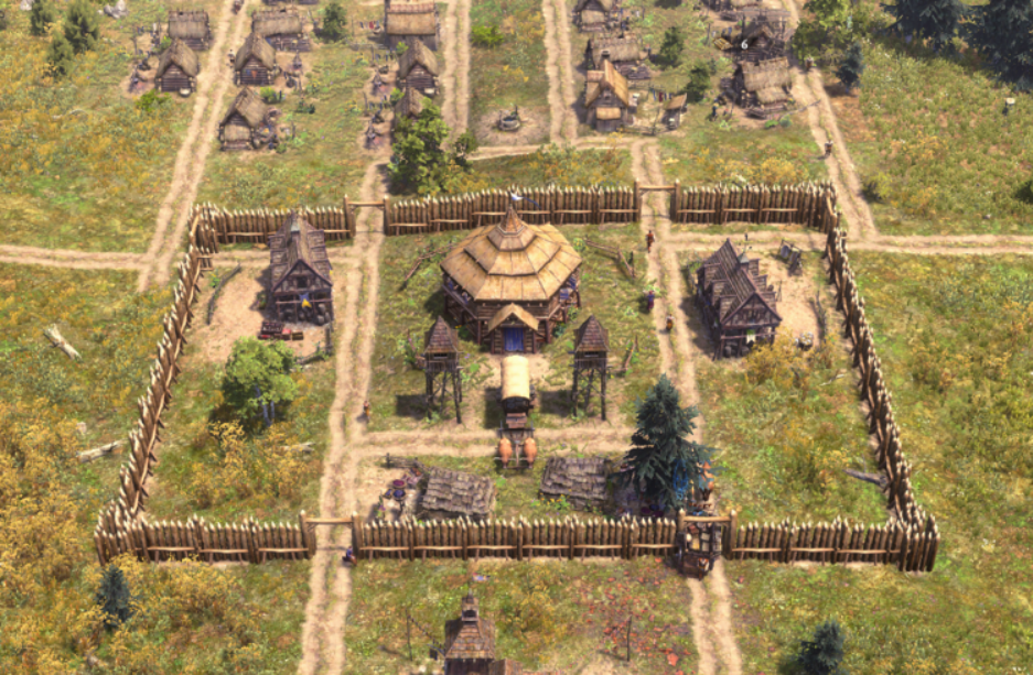 An early fort complete with lookout towers during Tier 2 of building a Farthest Frontier layout