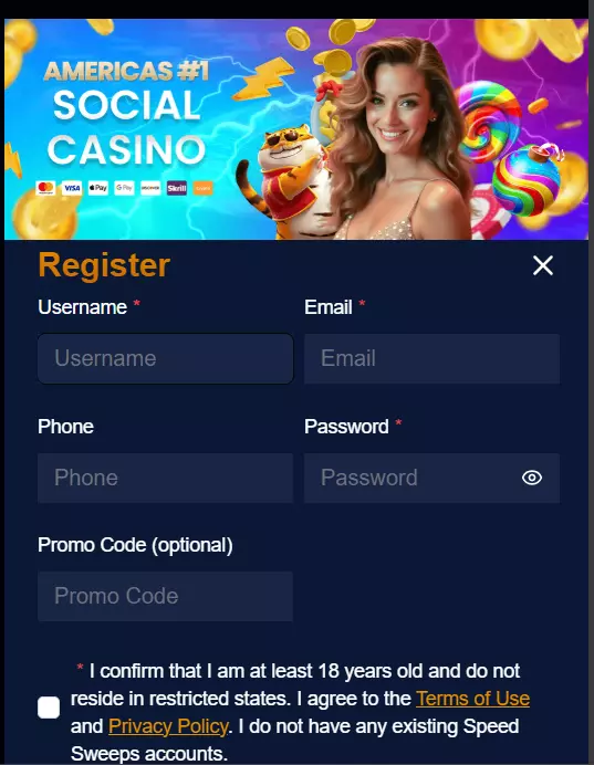 SpeedSweeps registration process, promo code for speed sweeps